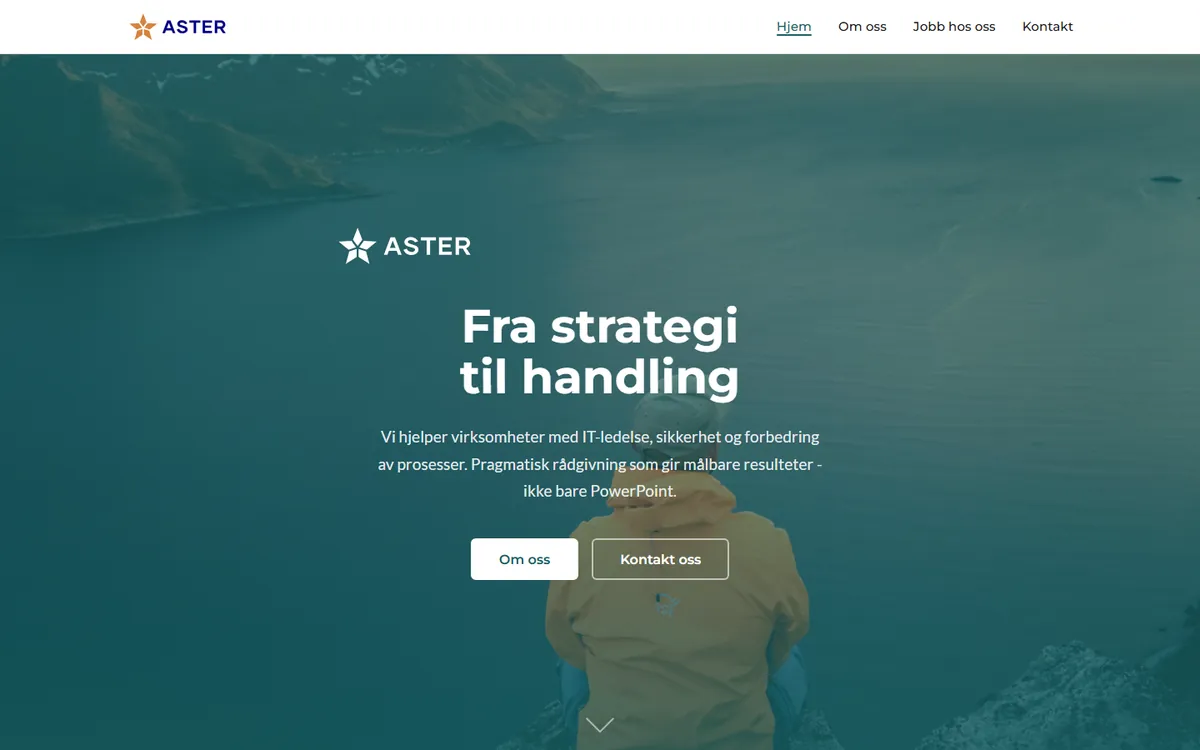 The front page of aster.no: «Fra strategi til handling» over a photo of a fjord